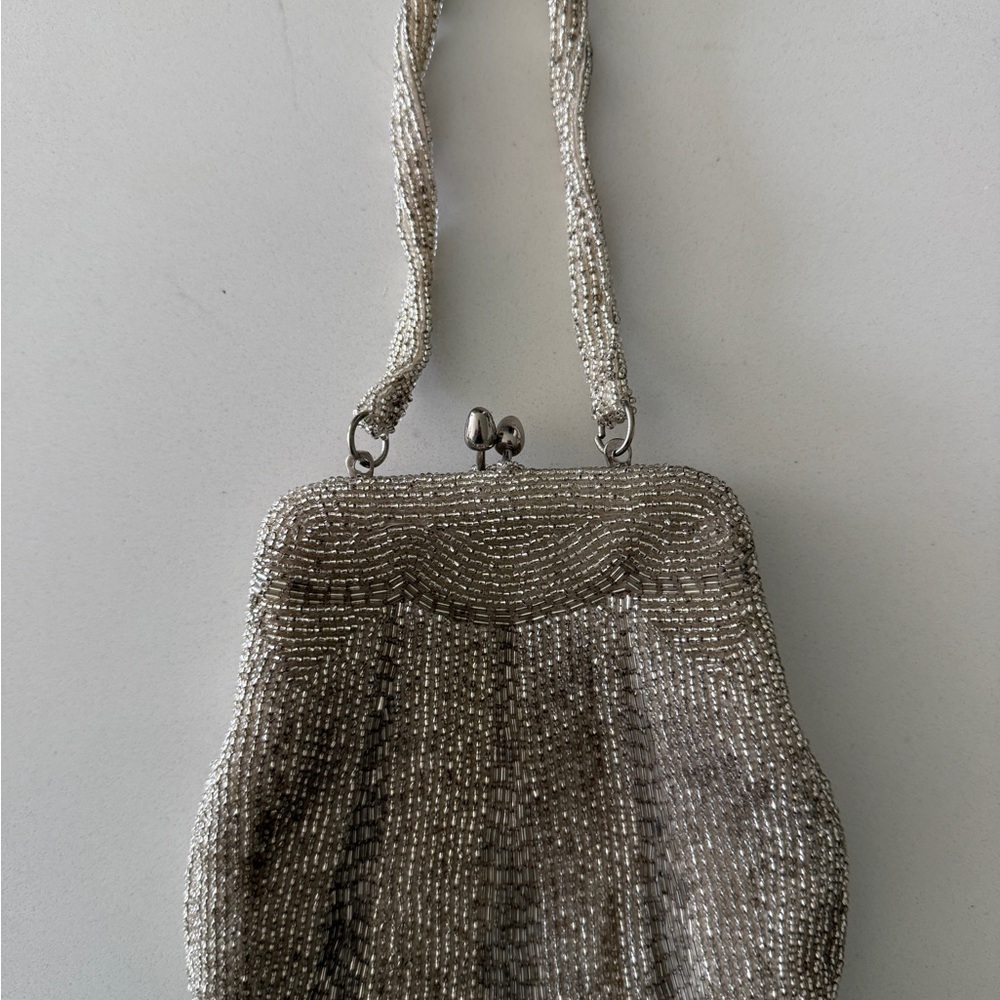 Vintage 50’s Kiss Lock Silver Beaded Clutch Handbag Made in Korea
